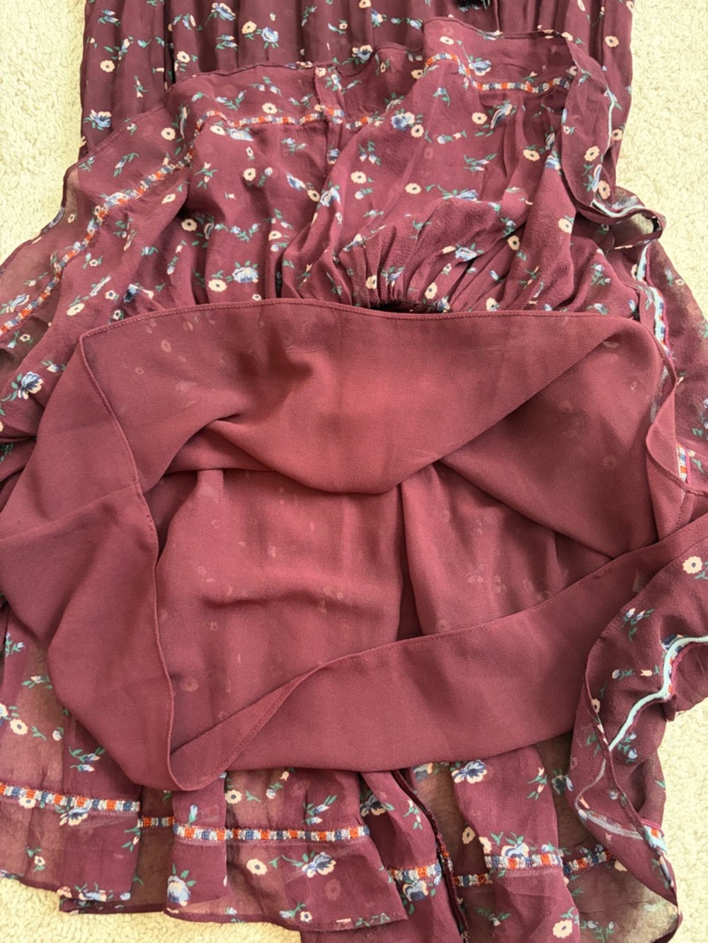 ULLA JOHNSON Gita Silk Embroidered Floral Drop Waist Boho Dress Bordeaux Size 6 - Picture 12 of 16